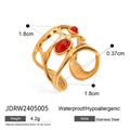 18k gold plated stainless steel open ring with two red carnelian oval gemstones - Hollow Double Red Stone Adjustable Ring (JDRW2405005)