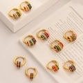 Vintage matte colorful enamel hoop earrings with gold-toned round beads on tray - Multicolor 5-Ring Earrings