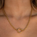 18K gold-plated stainless steel chain necklace with spring ring clasp on model neck - Gold Thick O-Chain Big Clasp Necklace