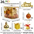 Dettaglio del set di 26 decorazioni natalizie con palline e specifiche dimensionali - Set Scatola Regalo Ornamenti (26 PEZZI) / Oro