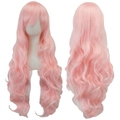 Long wavy light pink cosplay wig with bangs shown from front and back view - Hot Pink