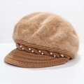Winter rabbit fur beret in camel with knit brim and white pearl accents for women - One Size / Slanted Pearl Khaki