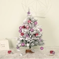 Mini Christmas tree with flocked snow, pink and silver ornaments on a wooden base - 45cm Purple Decoration Set With Lights