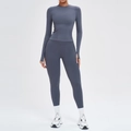 Ensemble de fitness sans couture gris bleu foncé avec legging taille haute et haut à passe-pouce - XL / Haut Et Bas / Manches Longues + Leggings / Gris Bleu