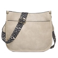Beige PU leather crossbody tote bag with trendy leopard print strap and gold studs - Off White