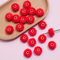 Vibrant red 20mm faux rabbit fur pompom beads with gold metal centers for DIY crafts - Red