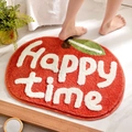 Red apple shaped bathroom rug with Happy Time text in soft flocked non-slip material - Happy Apple