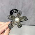 Elegant black mesh flower hair claw with dark grey rhinestones and central white pearl - Full Rhinestone Flower / Gray