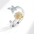 Adjustable silver ring with golden sunflower and blue enamel dragonfly with crystals - Rose Gold AJ709 Sunflower Dragonfly