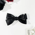 Detail of black satin bow hair clip with silver safety pins in gothic aesthetic - 10# Black Satin with Double Pins Minimalist