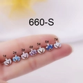 Macro shot of seven colored crown ear studs with heart-shaped zircon stones on fingertips - Pink Opal Style (7#) / Silver