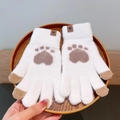 Winter thermal knit gloves in white with brown bear paw pattern and touchscreen fingertips - Cat Paw / White