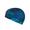 Elastic polyester swimming cap with dark blue base and tropical leaf pattern for adults - Blue Palm Leaves Pattern