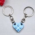 Blue heart-shaped building block keychain for couples with dual metal rings - Light Blue