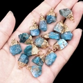 Blue raw crystal agate pendants with gold plated edges and loops for DIY necklaces - Apatite