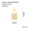 Detail view of heart-shaped gold padlock pendant with cubic zirconia and size dimensions - P01271-Square Pave Padlock
