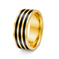 Bague homme 8mm en acier inoxydable doré avec trois bandes en émail noir sur fond blanc - US 7 / Or 8mm Triple Rayure Noire