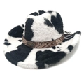 Winter cow print plush cowboy hat with ethnic braided band and bull head metal emblem - M (56-58cm) / Flat Top Black (Cow Print)