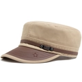 Khaki flat top military cap with dark brown leather brim and star embossed peak - Beige / Adjustable