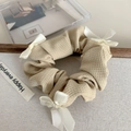Beige waffle textured scrunchie with three white bows for high ponytail styling - Beige Waffle Triple Bows