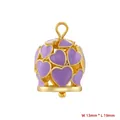 Detail view of gold bell pendant with purple hearts and 13mm by 19mm size dimensions - Large (13mm x 19mm) / Purple