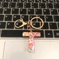 Letter T initial keychain with colorful heart sequins in transparent resin with gold ring - Letter T