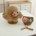 Detail of woven straw hat and matching bag set with three colorful fabric flowers - Khaki Hat + Bag