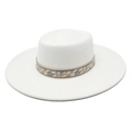 White boater hat with wide brim and decorative colorful geometric patterned ribbon - M (56-58cm) / White