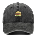 Washed dark gray denim baseball cap with burger embroidery and retro distressed finish - Adjustable / Black