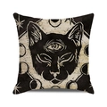 Detailed close-up of a black cat and moon phases design on a linen cushion cover - Mystic Black Cat Moon Phases