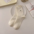 Creamy white ribbed mid-calf cotton socks with delicate small floral embroidery details - One Size / Vertical Striped / Cream