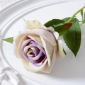 Artificial velvet rose in creamy beige with purple center gradient and green leaves - 7cm / Purple Center (Velvet)