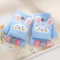 Cute light blue knitted convertible mittens for kids with white bunny and button details - 4-10 Years / Rabbit - Blue