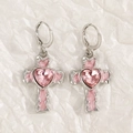Silver cross earrings with pink heart-shaped crystal charms for a stylish jewelry look - Pink Heart Cross