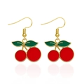 Festive red cherry drop earrings with green leaves and gold hooks for Christmas - Red Cherry Hook