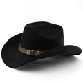 Classic black wool western cowboy hat with brown leather band and vintage metal emblem - M (56-58cm) / Black
