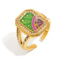 Vintage 18K gold plated open ring with colorful enamel inlay and sparkling zircon stones - Green Star Rainbow Style (R5303-3)
