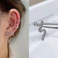 Silver stainless steel stud set with colorful zircon cross and moon chain tassel - EGD27 Moon Tassel Pave