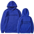 Klein blue hoodie with positive Have A Good Day back print and front text display - S / Tops / Blue 312