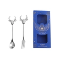 Stainless steel bull head spoon and fork gift set in a blue presentation box - Silver Spoon Fork Set + Blue Box