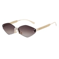 Brown gradient rimless geometric sunglasses with rhinestone bridge and gold hollow temples - Bright Gold Frame Tea Gray Gradient Lens