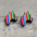 Macro shot of horse head wooden earrings with colorful Mexican style rainbow stripes - 1-Rainbow Horse Head