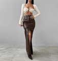 Detail of high-waisted brown faux leather maxi skirt with front slit design - S / Bottoms / Dark Brown
