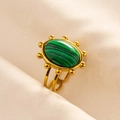 Macro view of adjustable gold stainless steel ring with oval green malachite stone - Gold + Green