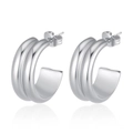 Polished silver stainless steel C-shaped chunky earrings with double ridge design - Double-sided C-Shape 8MM*16MM / Steel