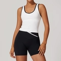 Tight yoga set with white contrast racerback tank top and black high-waisted gym shorts - Swan White