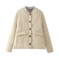 Detailed macro shot of beige diamond-quilted jacket featuring stand collar and leopard lining - XS / Off White