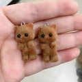 Pair of brown flocked miniature cat and bear charms with silver metal rings for DIY jewelry - Coffee Cat