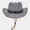 Detail of woven straw cowboy hat with turquoise beaded leather band and wind rope - Dark Blue