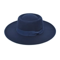 Navy blue wool felt fedora with a flat wide brim and decorative satin ribbon bow - M (56-58cm) / Navy Blue